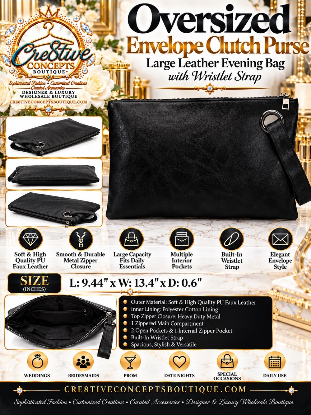 Oversized Envelope Clutch Purse Leather Evening Bag with Wristlet Strap